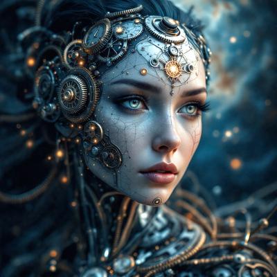 The primary subject of the image is a woman with a unique and futuristic appearance. She is wearing a headpiece that features a combination of gears, clocks, and other mechanical elements. The setting is a dark, futuristic environment, which adds to the overall atmosphere of the image. The visual style is a digital art or illustration, showcasing the intricate details of the mechanical elements on the woman's headpiece. The colors and mood of the image are predominantly dark and mysterious